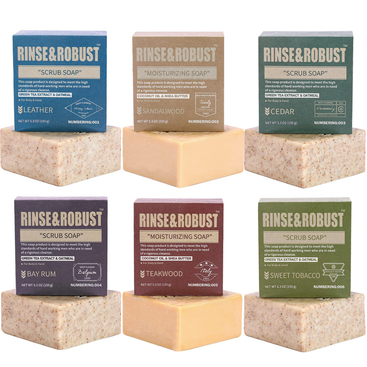 Rinse & Robust Mens Bar Soap 6Pcs Cleansing All Natural Handmade Mens Moisturizing&Exfoliating Oatmeal Scrub Soap Gift for Men Body&Hand All Skin Type|6 Different Scents |5.3 oz of 6 Bars