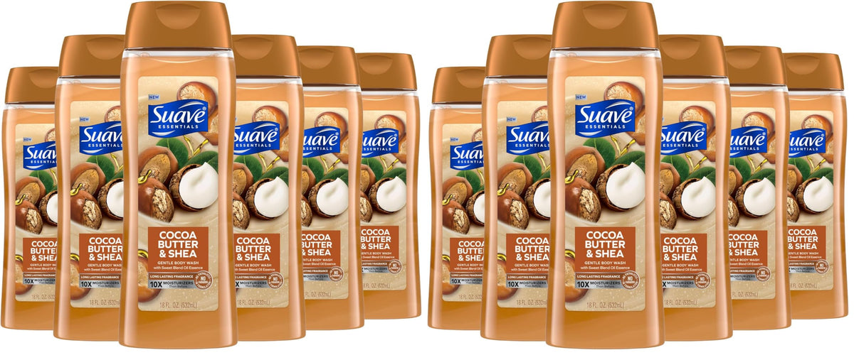 Suave Moisturizing Body Wash, Cocoa Butter and Shea with Vitamin E Extract, No Parabens, No Phtahaltes, 18 Oz Pack of 6