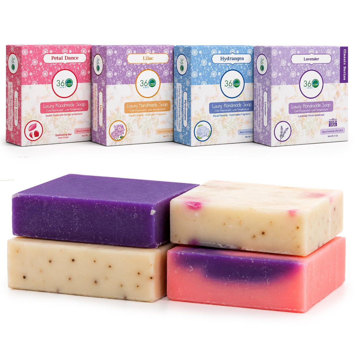 360Feel Fresh Bar Soap Set - Made in the USA - Castile Handmade Natural Cold Processed - Gentle on Sensitive Skin - 4 Refreshing Scents Aloe Vera, Cotton Blossom, Spring Scrub, Cool Water-5oz, 4-Pack