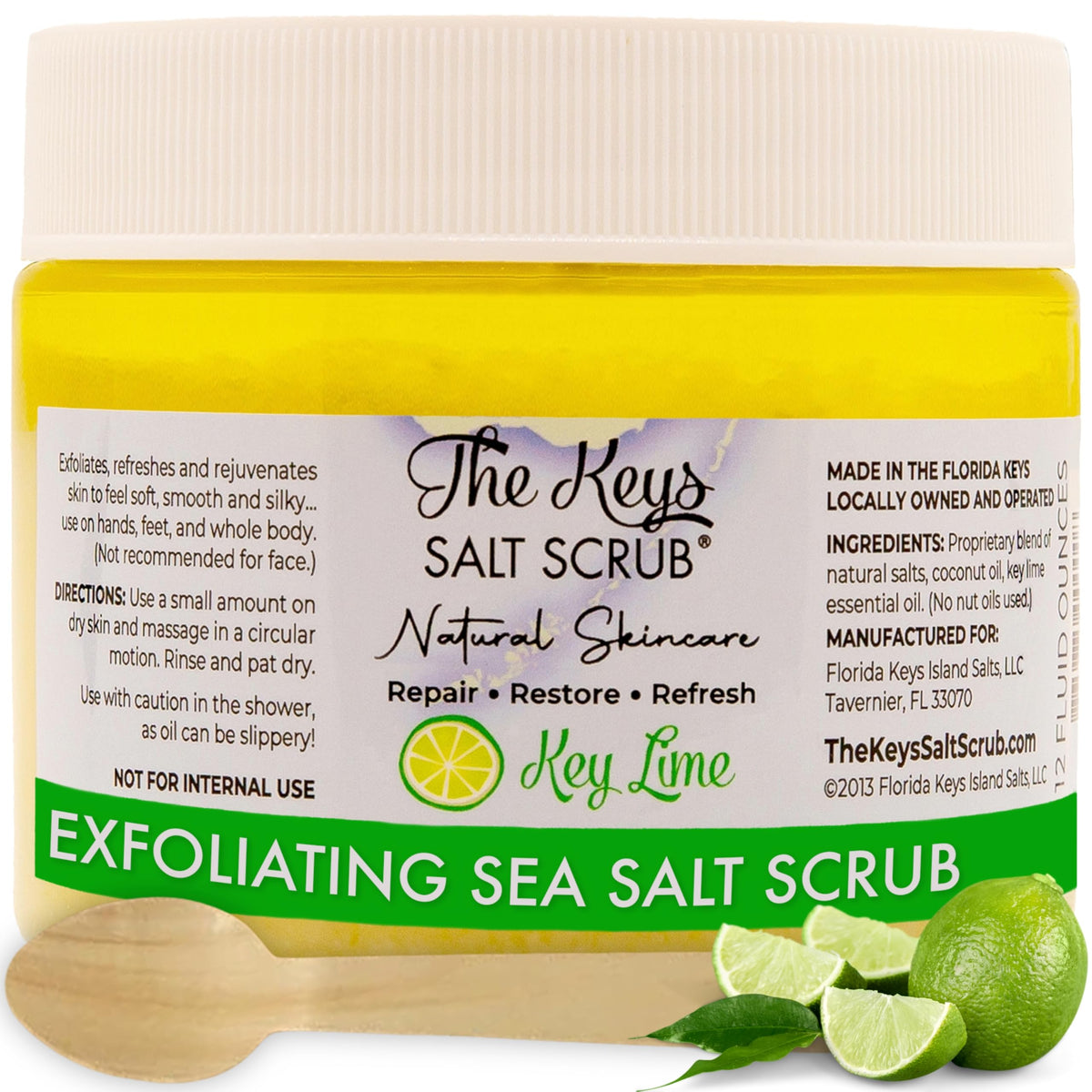 The Keys Salt Scrub -Sea Salt Scrub - Exfoliating Body Scrub with Wooden Spoon - Moisturizing Exfoliator for Hands, Foot, Bath, (12 Ounce (Pack of 1), Mango Coconut)