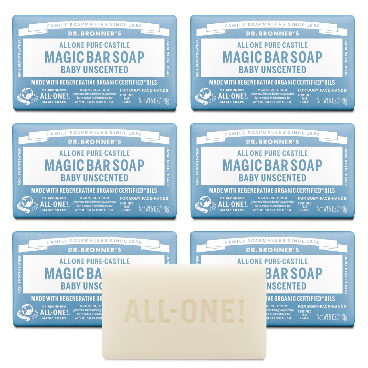 Dr. Bronner's Pure-Castile Bar Soap, Baby Unscented, 5 oz, 2-Pack