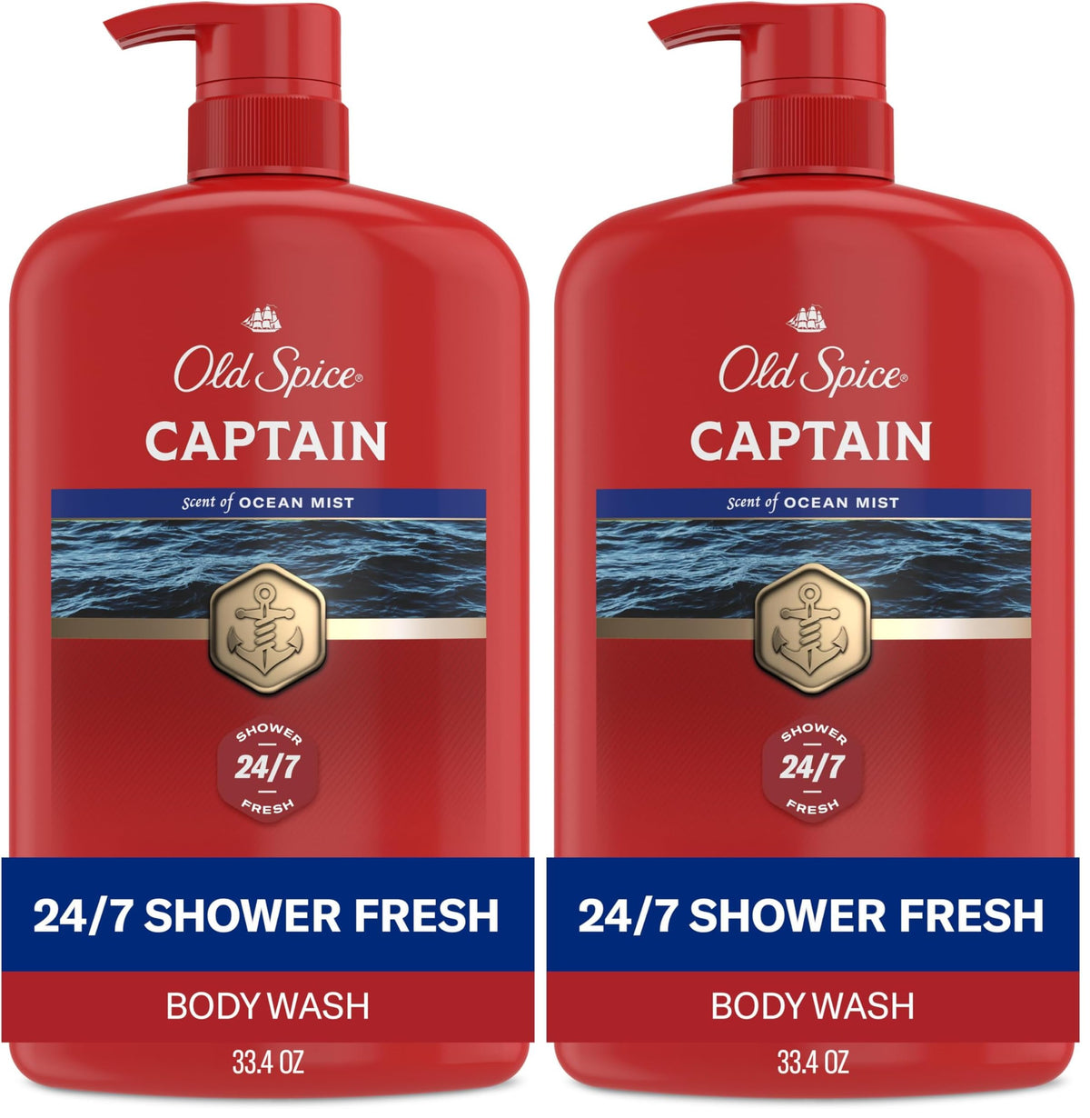 Old Spice Refreshing Body Wash for Men, 3X Defense, 24/7 Shower Fresh with Long Lasting Scent, Red Collection, Captain with Bergamot Scent, 33.4 oz