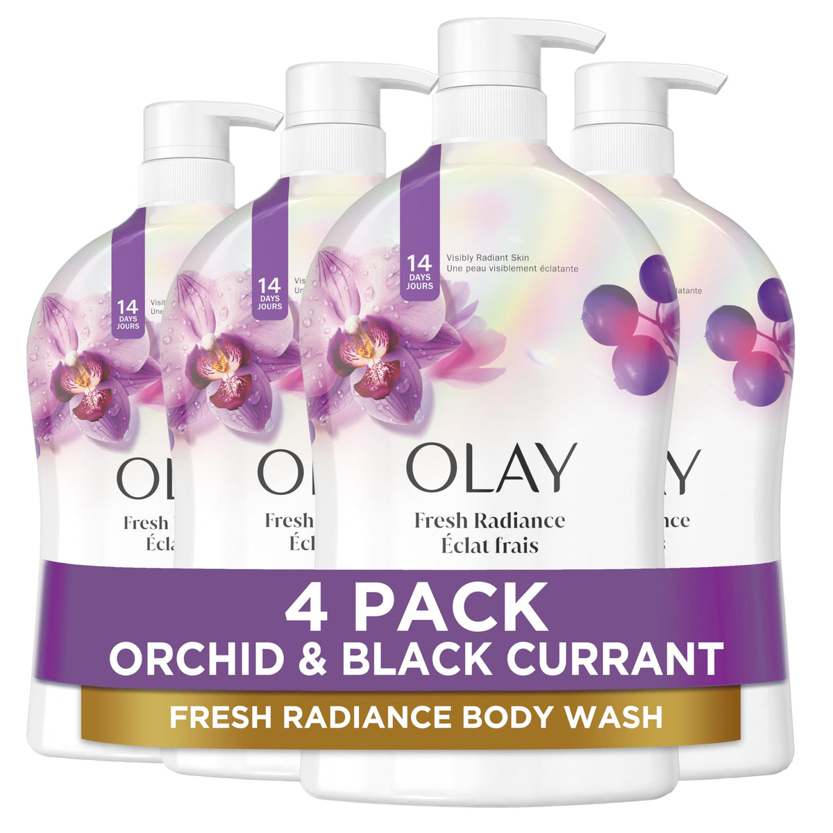 Olay Body Wash for Women, Fresh Radiance, Refreshing & Renewing, Made with Plant Based Cleansers, B3 Botanical Complex, For All Skin Types, Birch Water & Lavender Scent, 33 fl oz (Pack of 4)