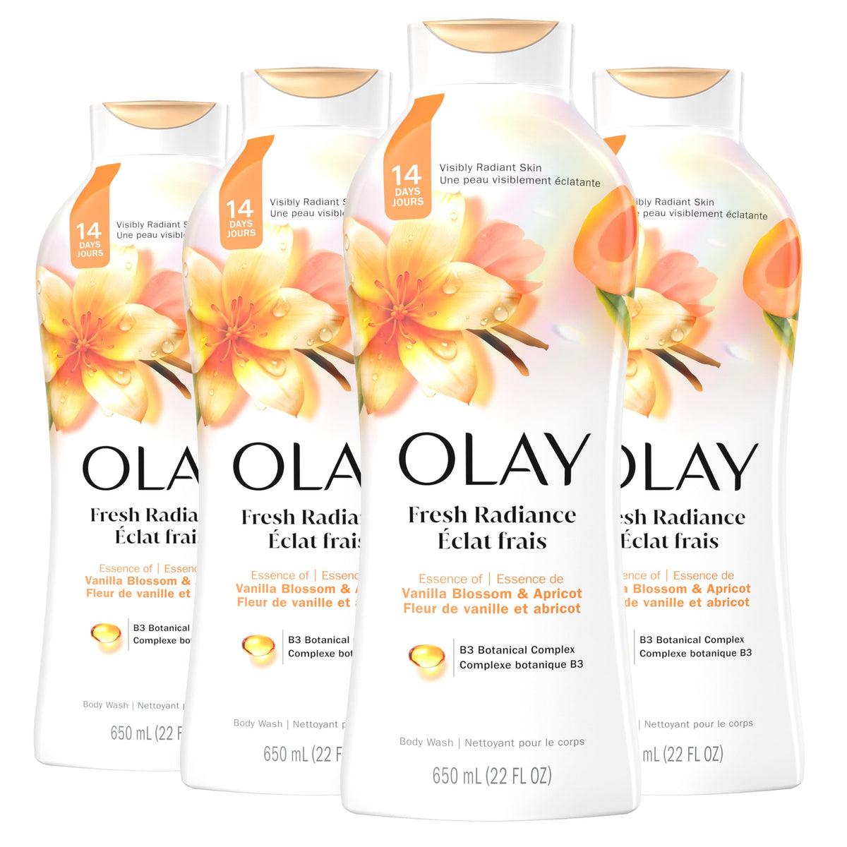 Olay Body Wash for Women, Fresh Radiance, 24/7 Skin-Loving Freshness, Visibly Radiant, Plant Based Cleansers, Vitamin B3 & Antioxidant Blend, For All Skin Types, Orchid & Black Currant Scent, 22 fl oz
