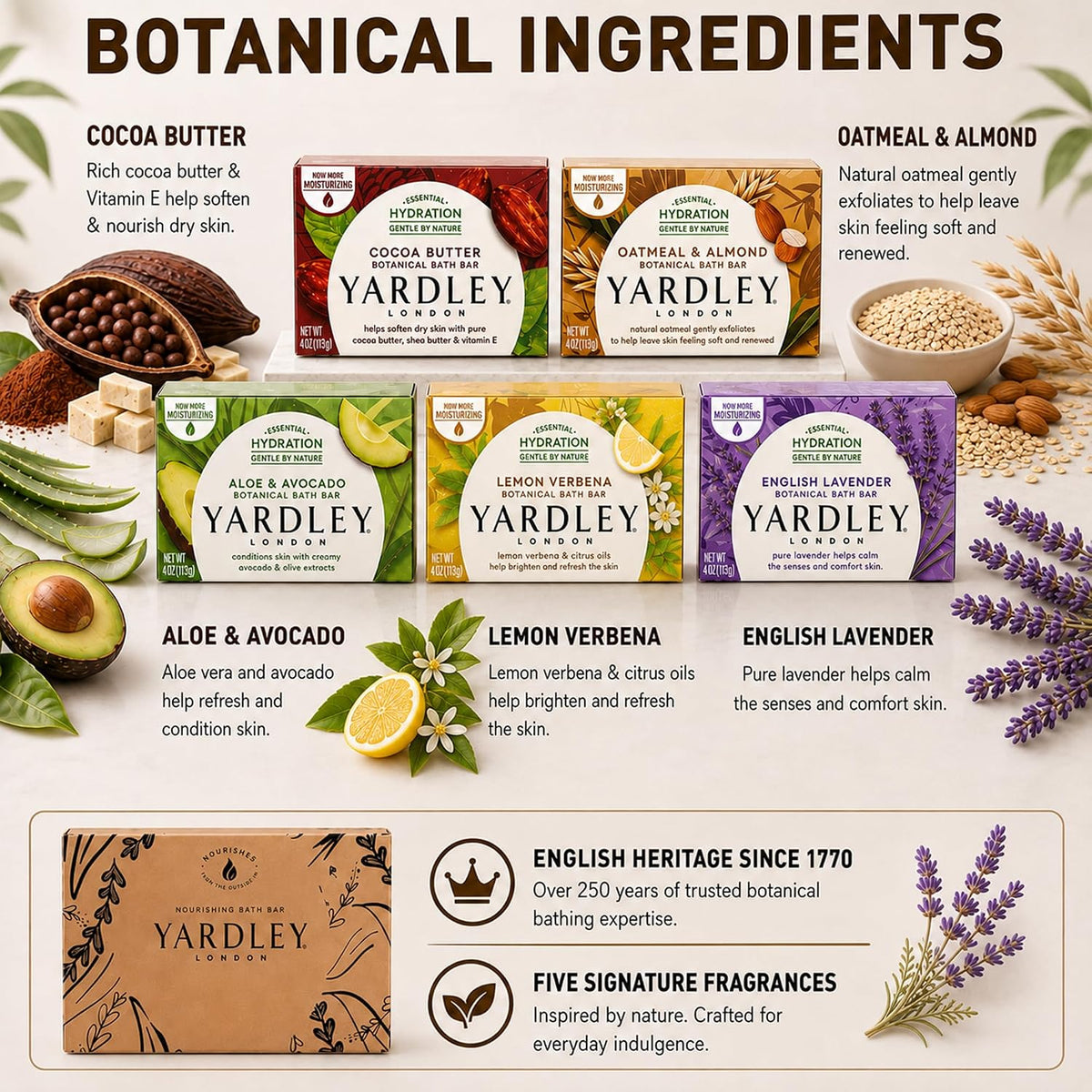 Yardley London Scented Bar Soap Variety Pack - 10 Bars Bath Soap Gift Set for Women & Men: English Lavender, Oatmeal & Almond, Aloe & Avocado, Cocoa Butter, Lemon Verbena Moisturizing Soap Bars