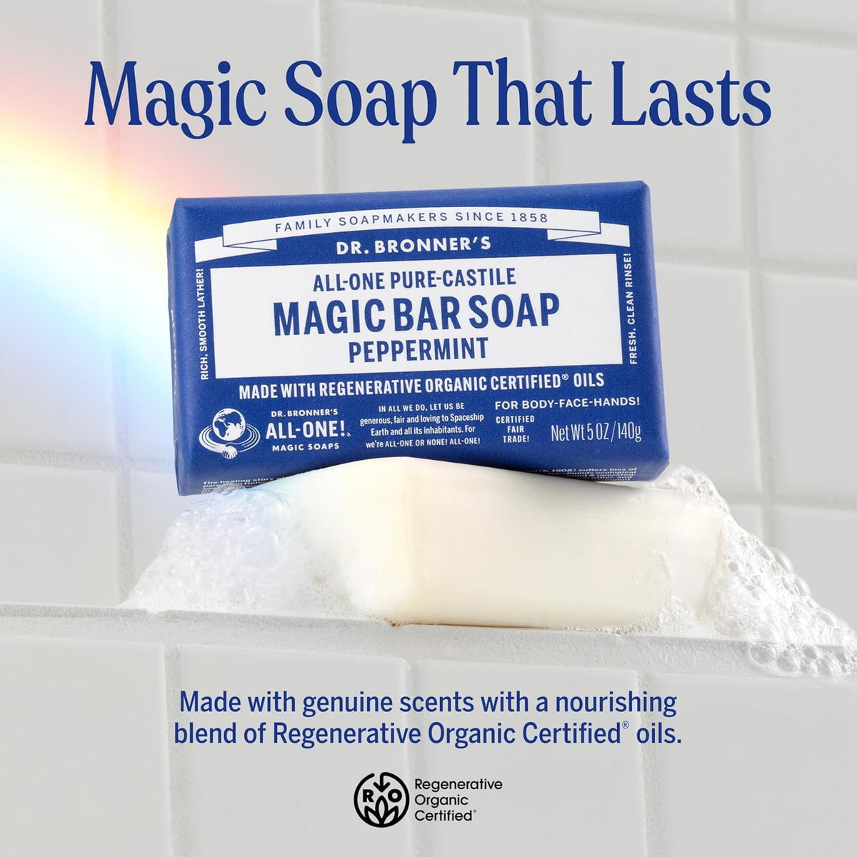 Dr. Bronner's Castile Bar Soap for Men & Women, Peppermint, 5 oz, 6-Pack