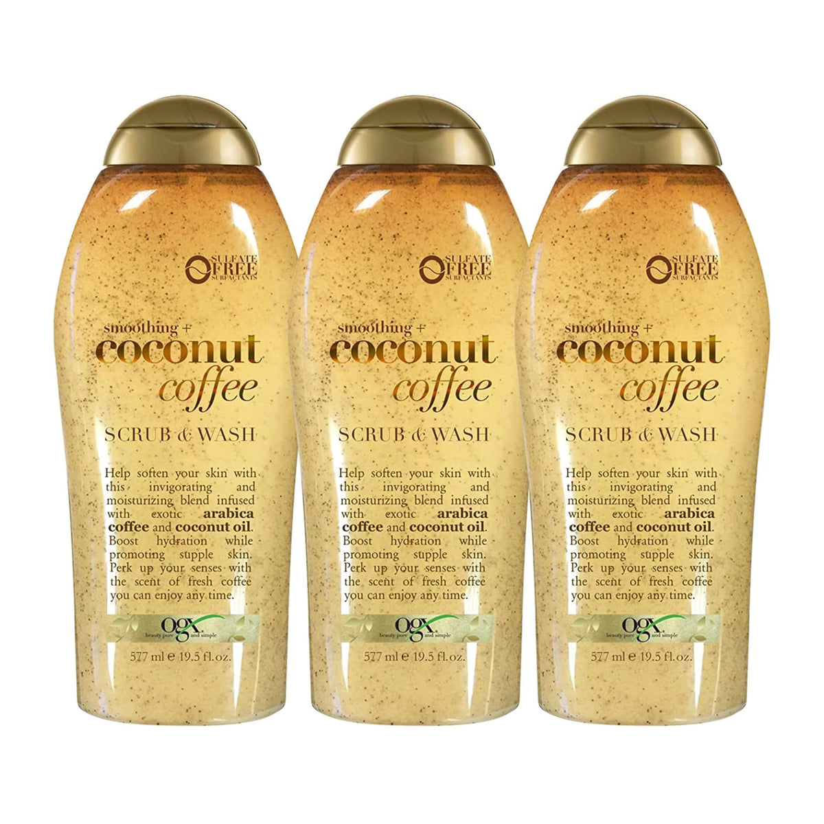 OGX Smoothing + Coconut Coffee Exfoliating Body Scrub with Arabica Coffee & Coconut Oil, Moisturizing Body Wash for Dry Skin, Paraben-Free with Sulfate-Free Surfactants, 19.5 Fl Oz, 2 Pack