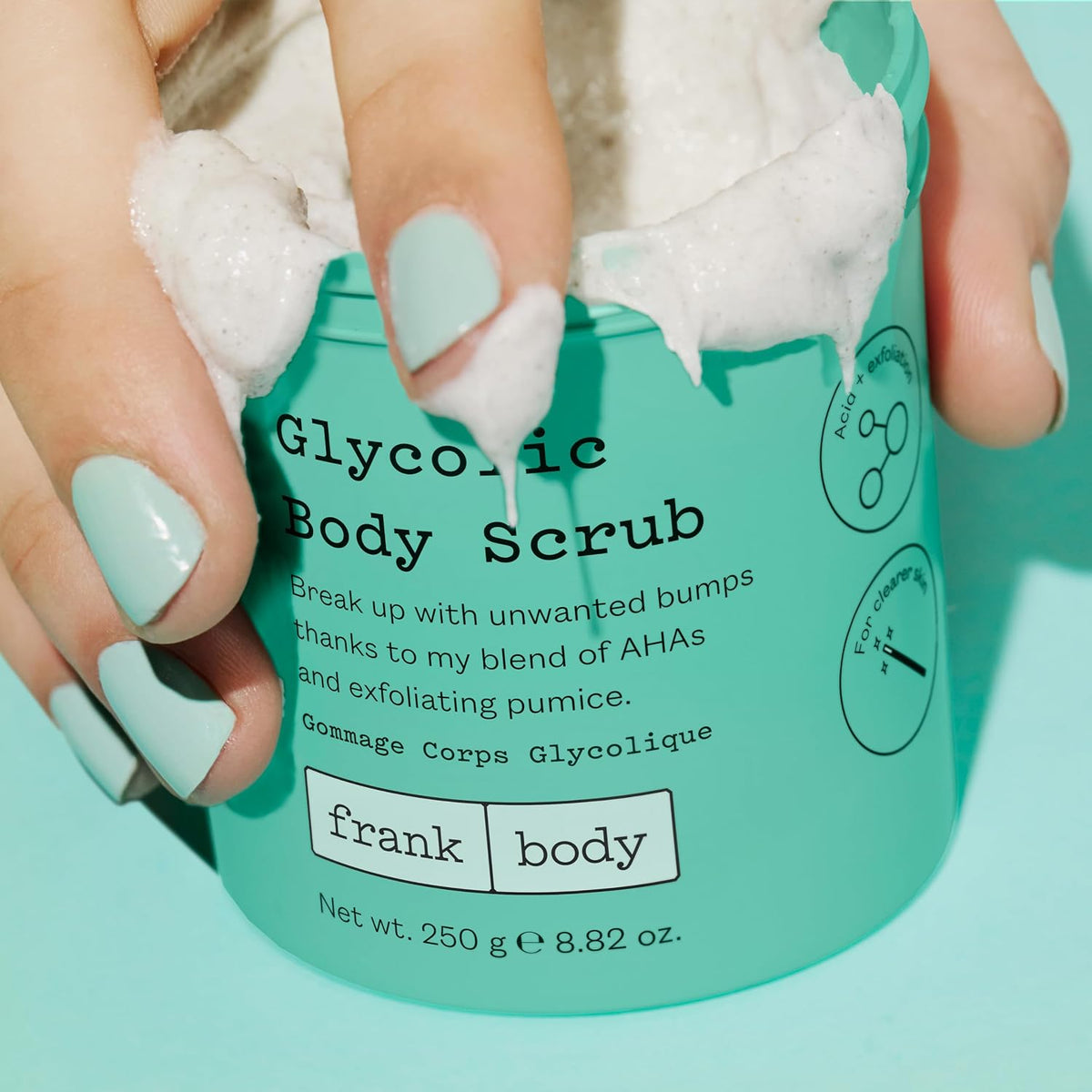 frank body Glycolic Acid Body Scrub | Fights KP & Breakouts, Spots & Tighten Pores | Reduces Acne with Niacinamide & Soothes with Witch Hazel | Glycolic Acid & Pumice | 8.82 oz | Pack of 1