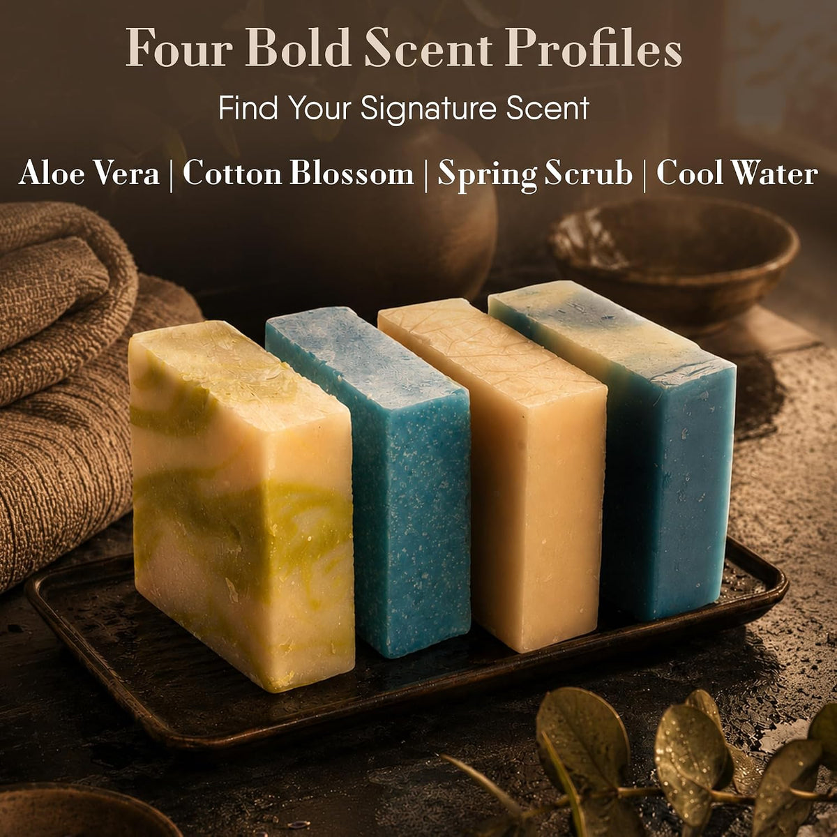 360Feel Fresh Bar Soap Set - Made in the USA - Castile Handmade Natural Cold Processed - Gentle on Sensitive Skin - 4 Refreshing Scents Aloe Vera, Cotton Blossom, Spring Scrub, Cool Water-5oz, 4-Pack