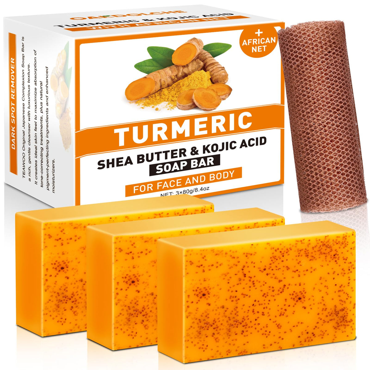 5 Pcs 80g Turmeric Kojic Acid Soap Bars with 2 Foaming Mesh Nets