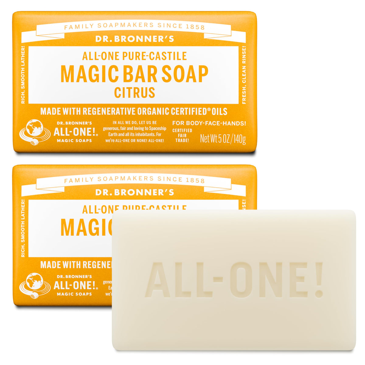 Dr. Bronner's Pure-Castile Bar Soap for Men & Women, Citrus, 5 oz, 6-Pack