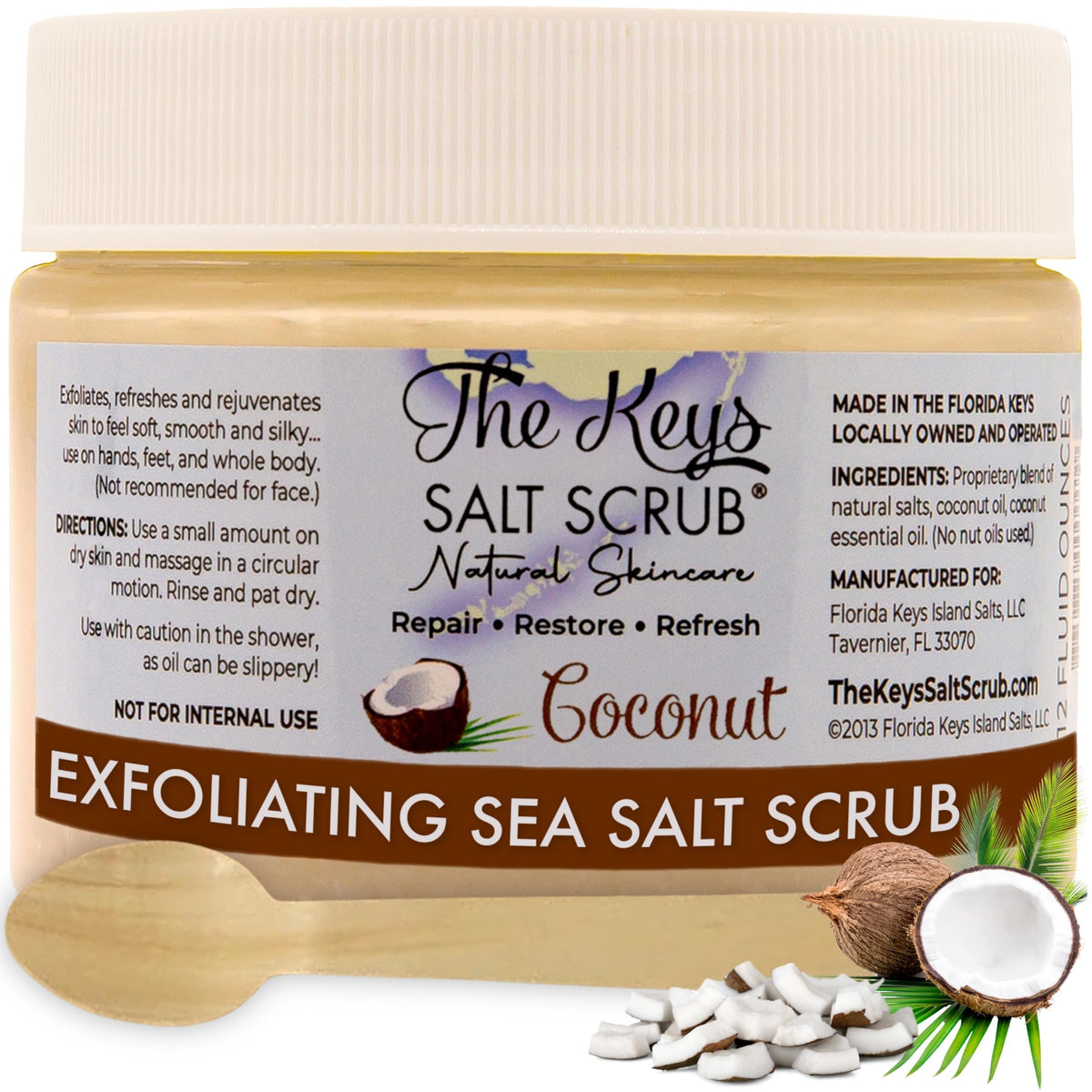 The Keys Salt Scrub -Sea Salt Scrub - Exfoliating Body Scrub with Wooden Spoon - Moisturizing Exfoliator for Hands, Foot, Bath, (12 Ounce (Pack of 1), Mango Coconut)