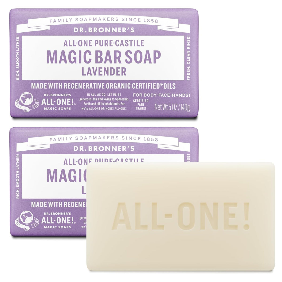 Dr. Bronner's Pure-Castile Bar Soap for Men & Women, Lavender, 5 oz, 2-Pack