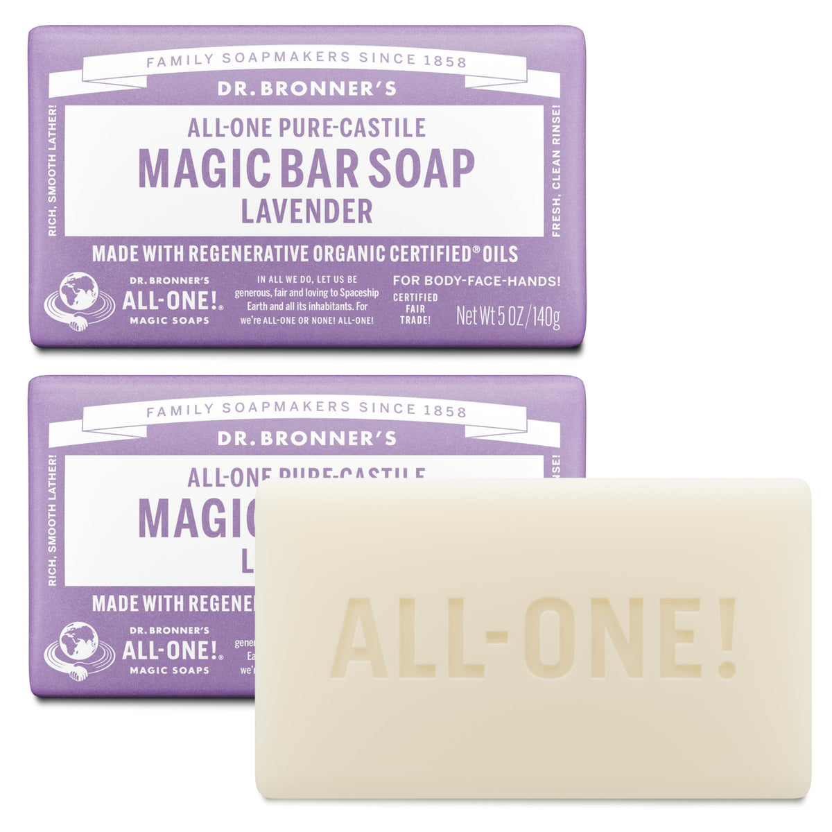 Dr. Bronner's Pure-Castile Bar Soap for Men & Women, Lavender, 5 oz, 2-Pack