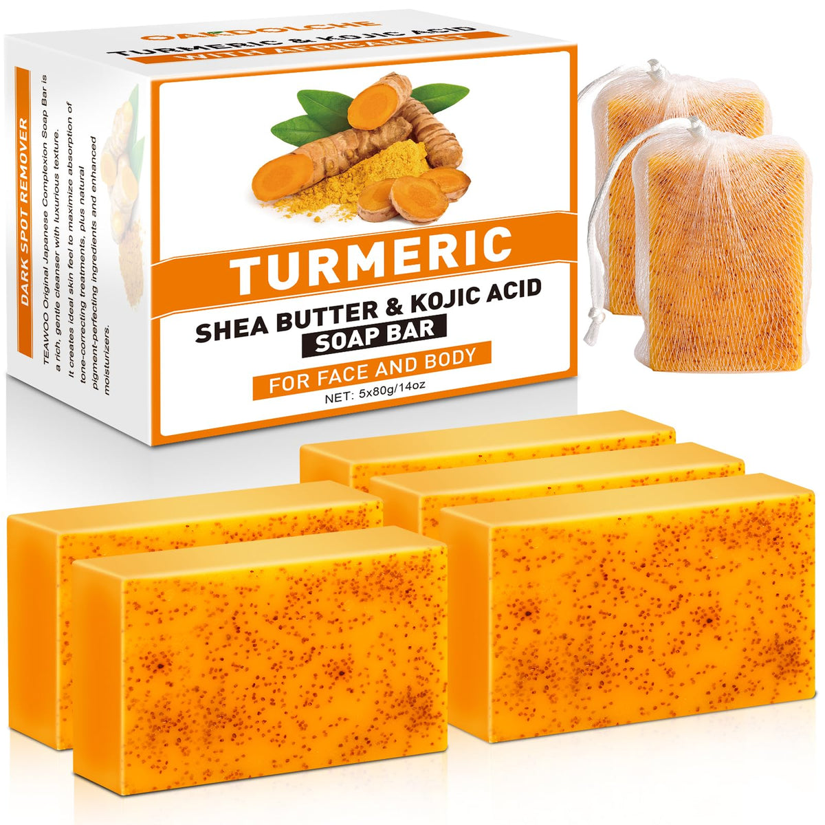 5 Pcs 80g Turmeric Kojic Acid Soap Bars with 2 Foaming Mesh Nets