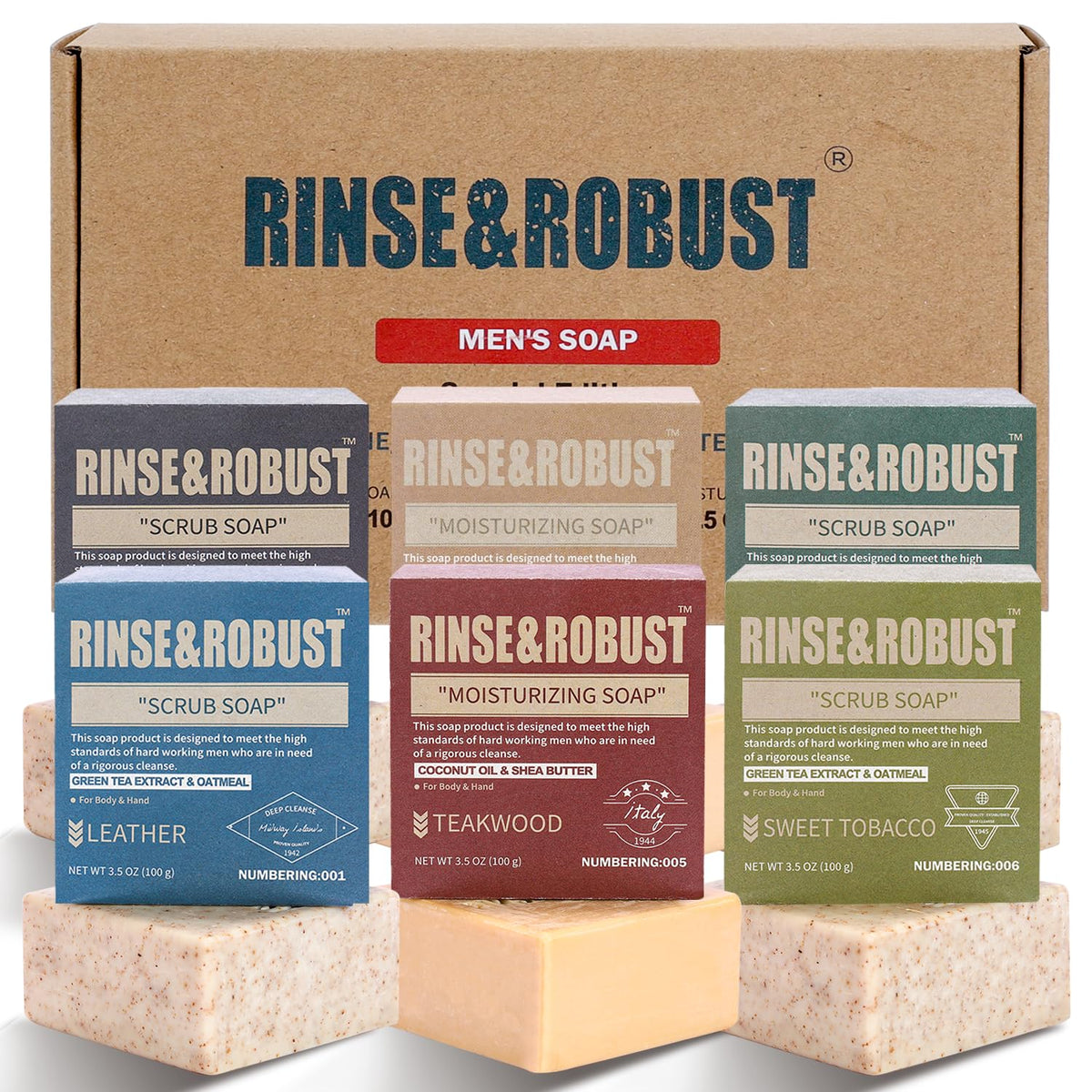Rinse & Robust Mens Bar Soap 6Pcs Cleansing All Natural Handmade Mens Moisturizing&Exfoliating Oatmeal Scrub Soap Gift for Men Body&Hand All Skin Type|6 Different Scents |5.3 oz of 6 Bars