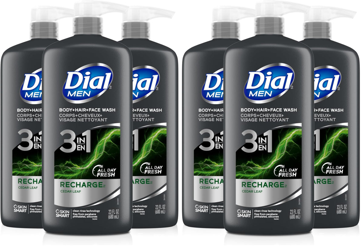 Dial Men 3-in-1 Body, Hair and Face Wash, Recharge, 23 Fl Oz, 3-Pack