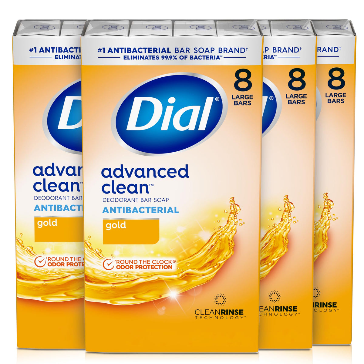 Dial Antibacterial Deodorant Bar Soap, Advanced Gold, 4 Oz, 32 Bars, Round the Clock Odor Protection, Dermatologist Tested, with Clean Rinse Technology