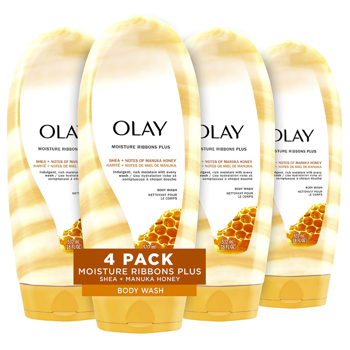 Olay Body Wash for Women, Moisture Ribbons Plus, Deep Conditioning & Moisturizing Formula, Long Lasting Smooth Soft Skin, For All Skin Types, Shea Butter & Peony Blossom Scent, 18 fl oz (Pack of 4)