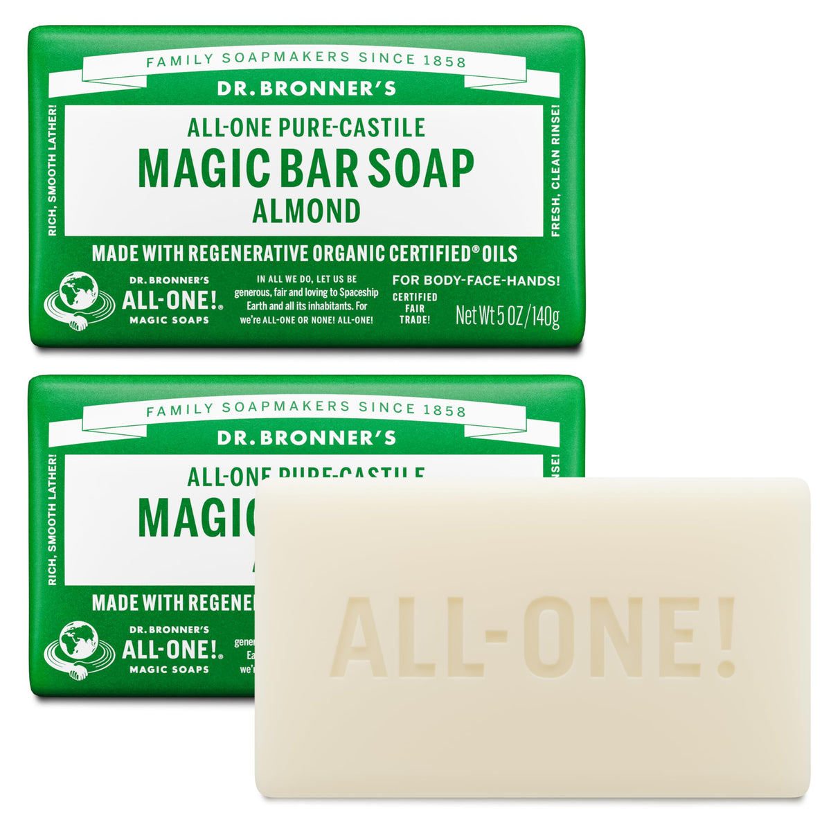 Dr. Bronner's Pure-Castile Bar Soap for Men & Women, Almond, 5 oz, 6-Pack