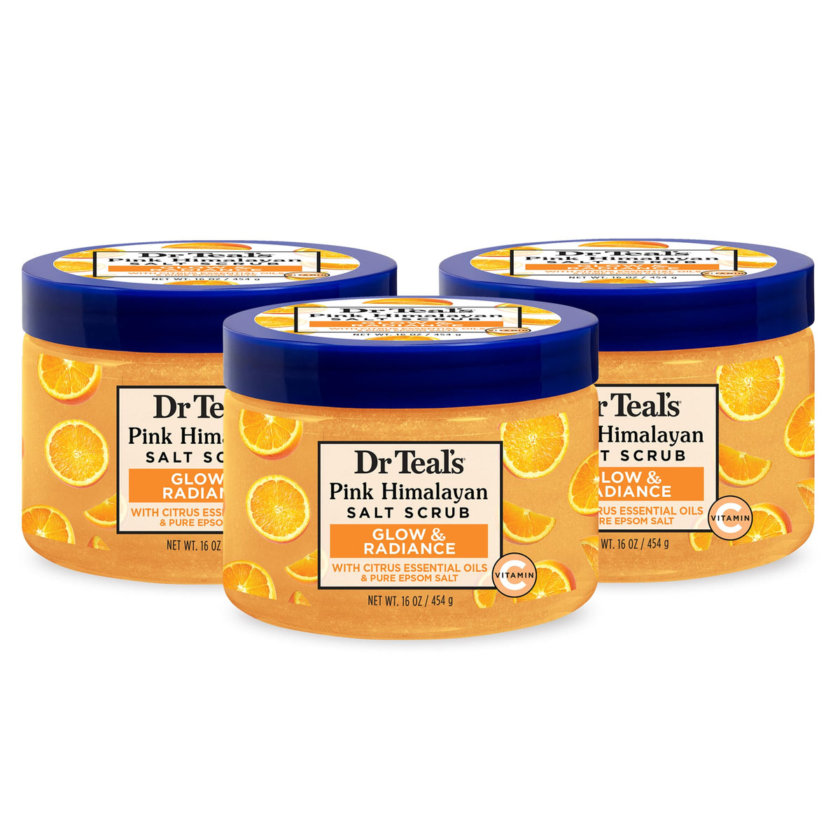 Dr Teal's Pink Himalayan Salt Body Scrub, Glow & Radiance with Pure Epsom Salt & Citrus Essential Oils 16 oz (Pack of 3)