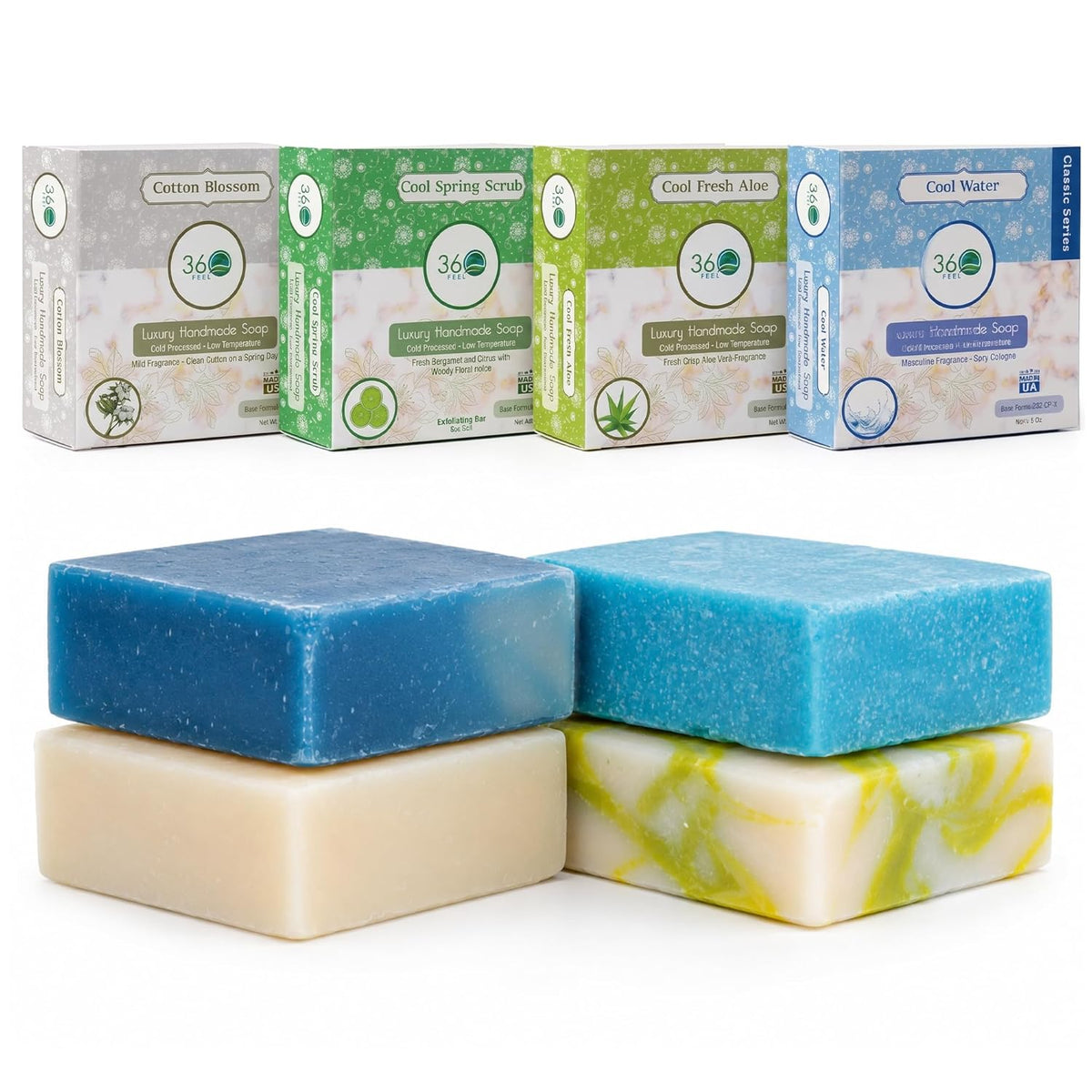 360Feel Fresh Bar Soap Set - Made in the USA - Castile Handmade Natural Cold Processed - Gentle on Sensitive Skin - 4 Refreshing Scents Aloe Vera, Cotton Blossom, Spring Scrub, Cool Water-5oz, 4-Pack