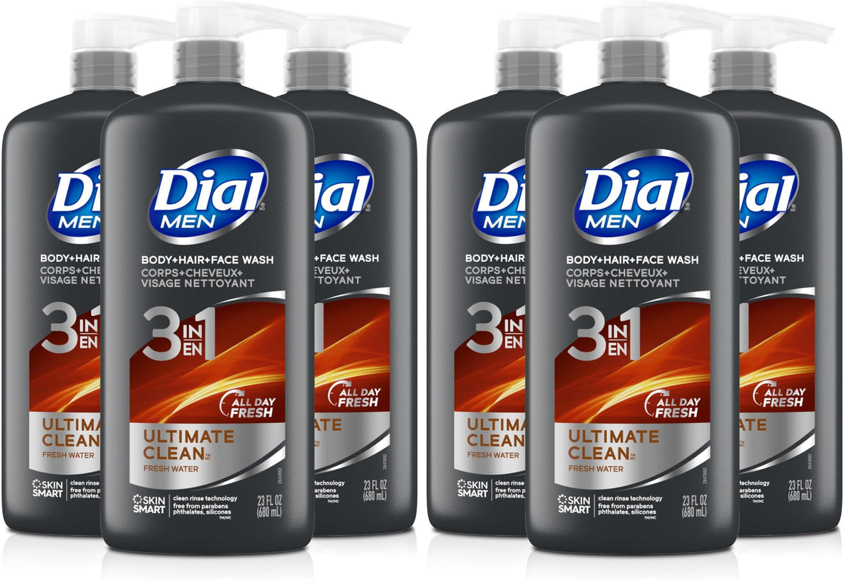 Dial Men 3-in-1 Body, Hair and Face Wash, Recharge, 23 Fl Oz, 3-Pack