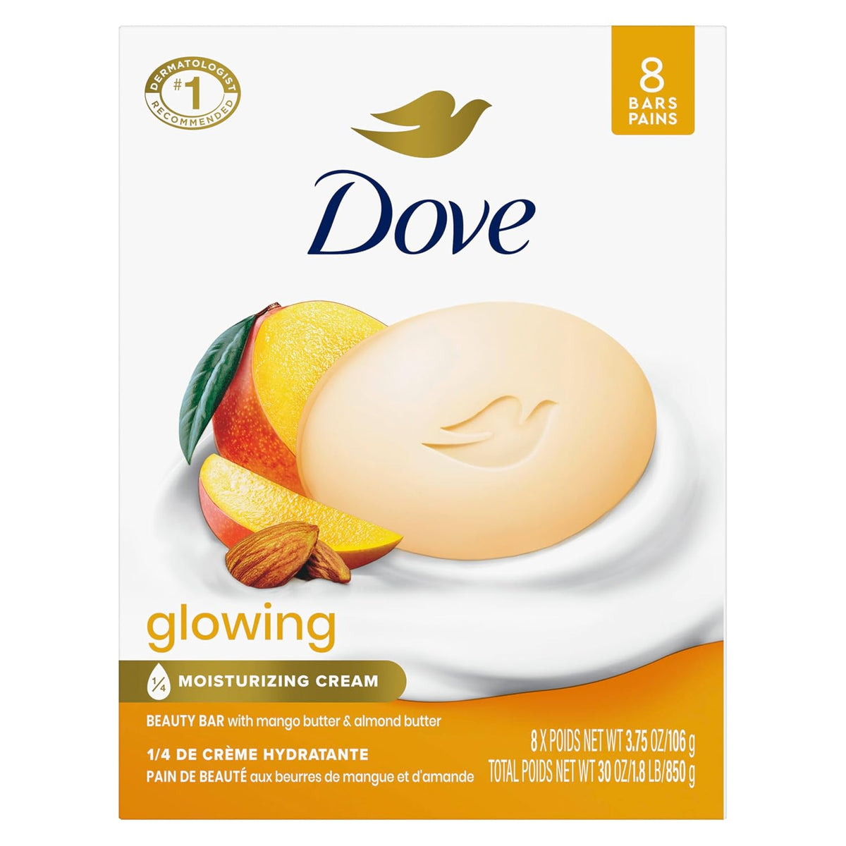 Dove Glowing Beauty Bar Soap , Mango & Almond Butters, I 8 Count 3.75 oz