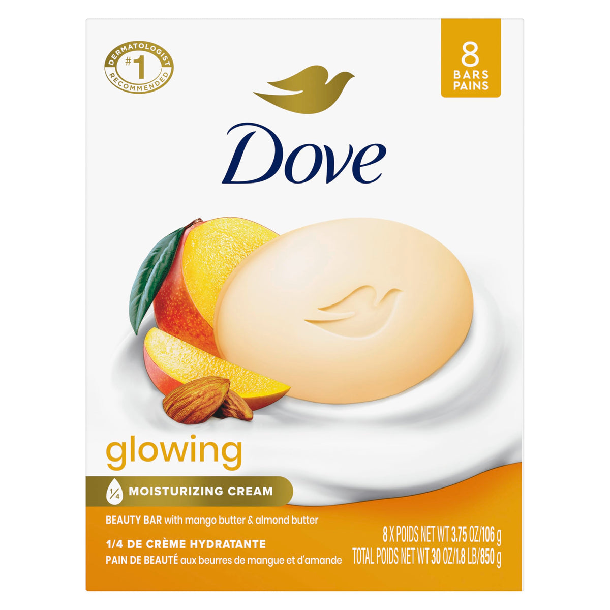Dove Glowing Beauty Bar Soap , Mango & Almond Butters, I 8 Count 3.75 oz