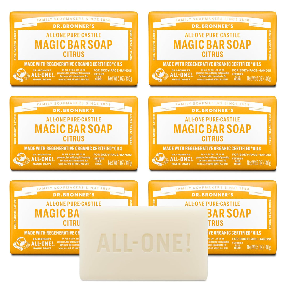 Dr. Bronner's Pure-Castile Bar Soap for Men & Women, Citrus, 5 oz, 6-Pack