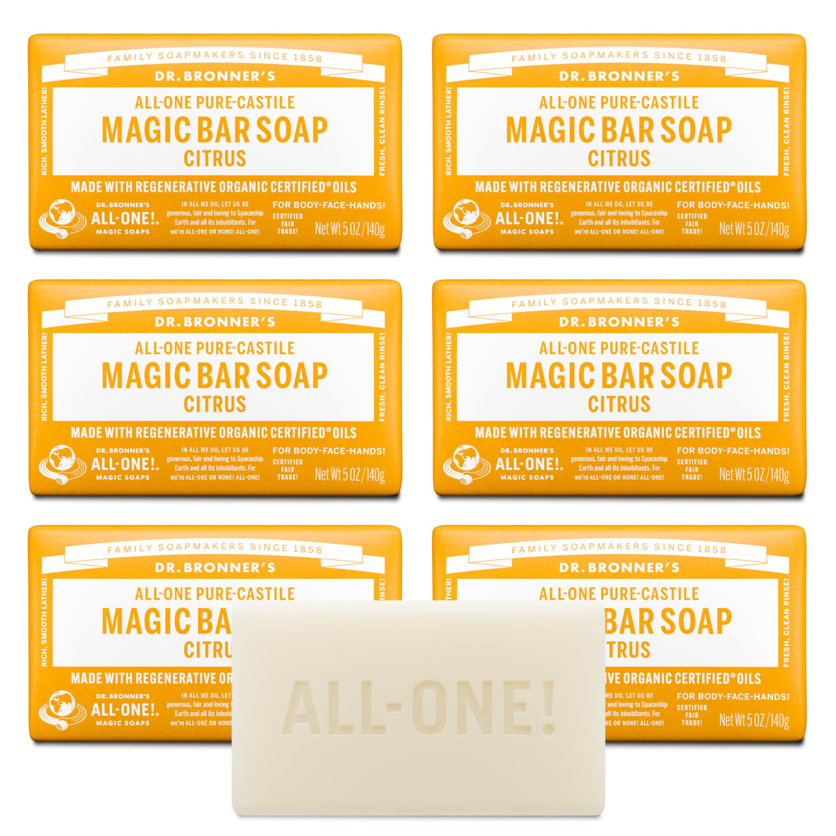 Dr. Bronner's Pure-Castile Bar Soap for Men & Women, Citrus, 5 oz, 6-Pack