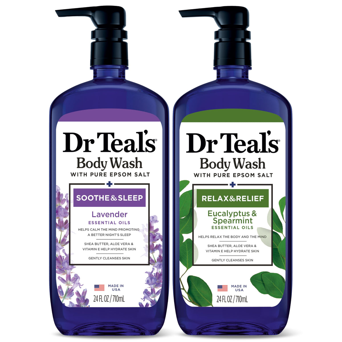Dr Teal's Body Wash with Pure Epsom Salt, Relax & Relief with Eucalyptus & Spearmint, 24 fl oz (Pack of 2)
