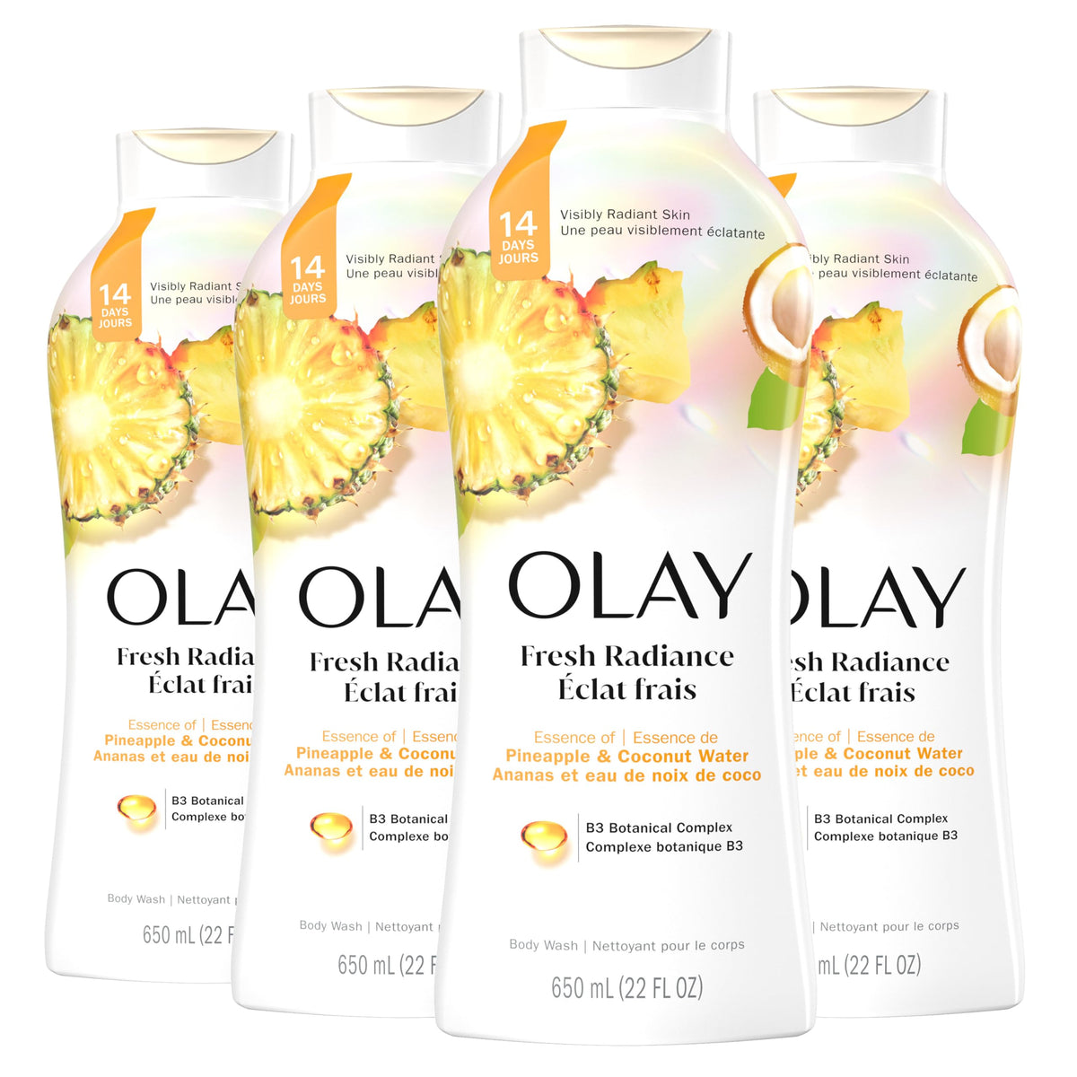 Olay Body Wash for Women, Fresh Radiance, Refreshing & Renewing, Made with Plant Based Cleansers, B3 Botanical Complex, For All Skin Types, Birch Water & Lavender Scent, 33 fl oz (Pack of 4)