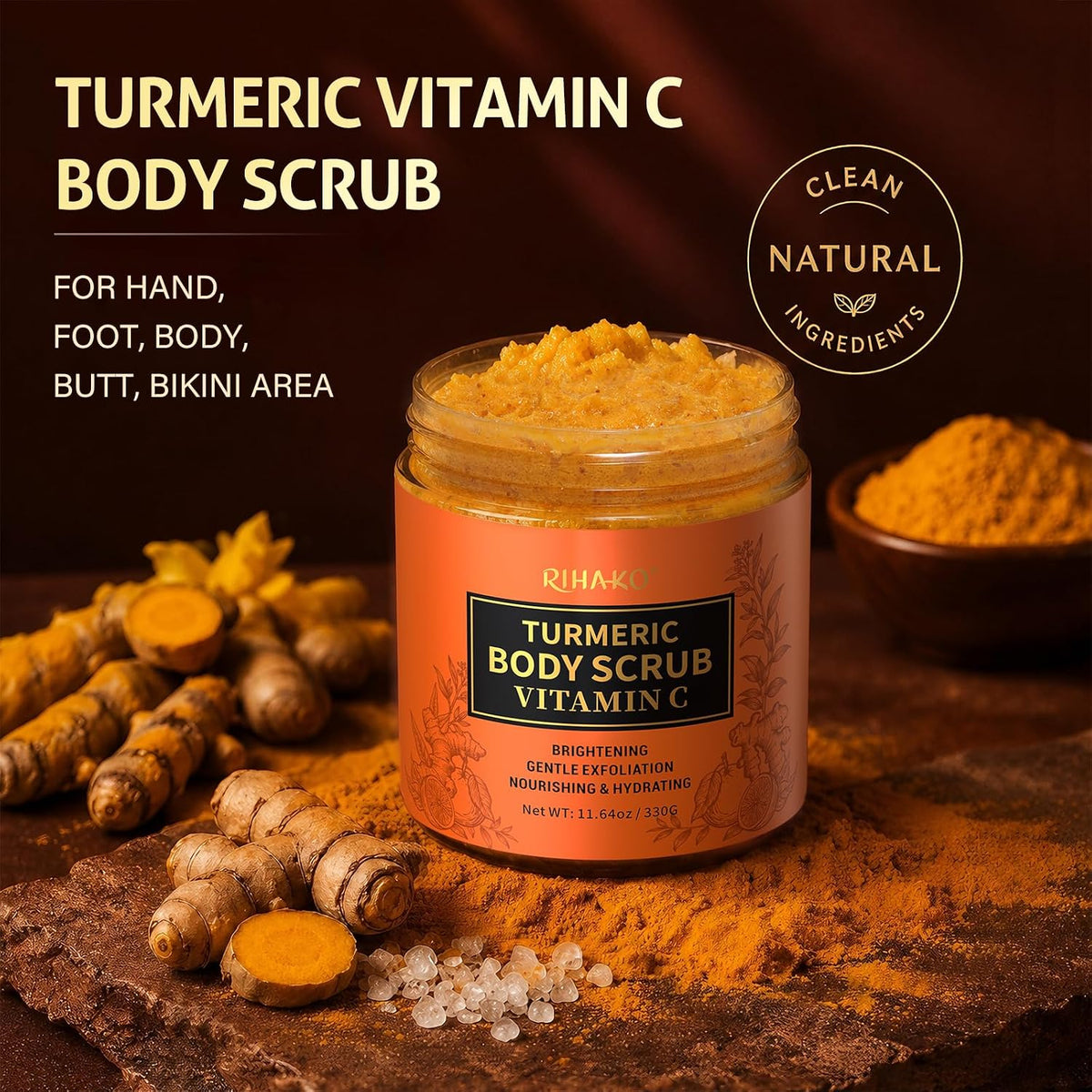 RIHAKO Turmeric Body Scrub, Exfoliating Body Scrub with Vitamin C, Deep Cleansing Skin Exfoliator Scrub, Organic Moisturizing Skincare for Bikini Area, Body, Hands, and Foot 11.64 oz