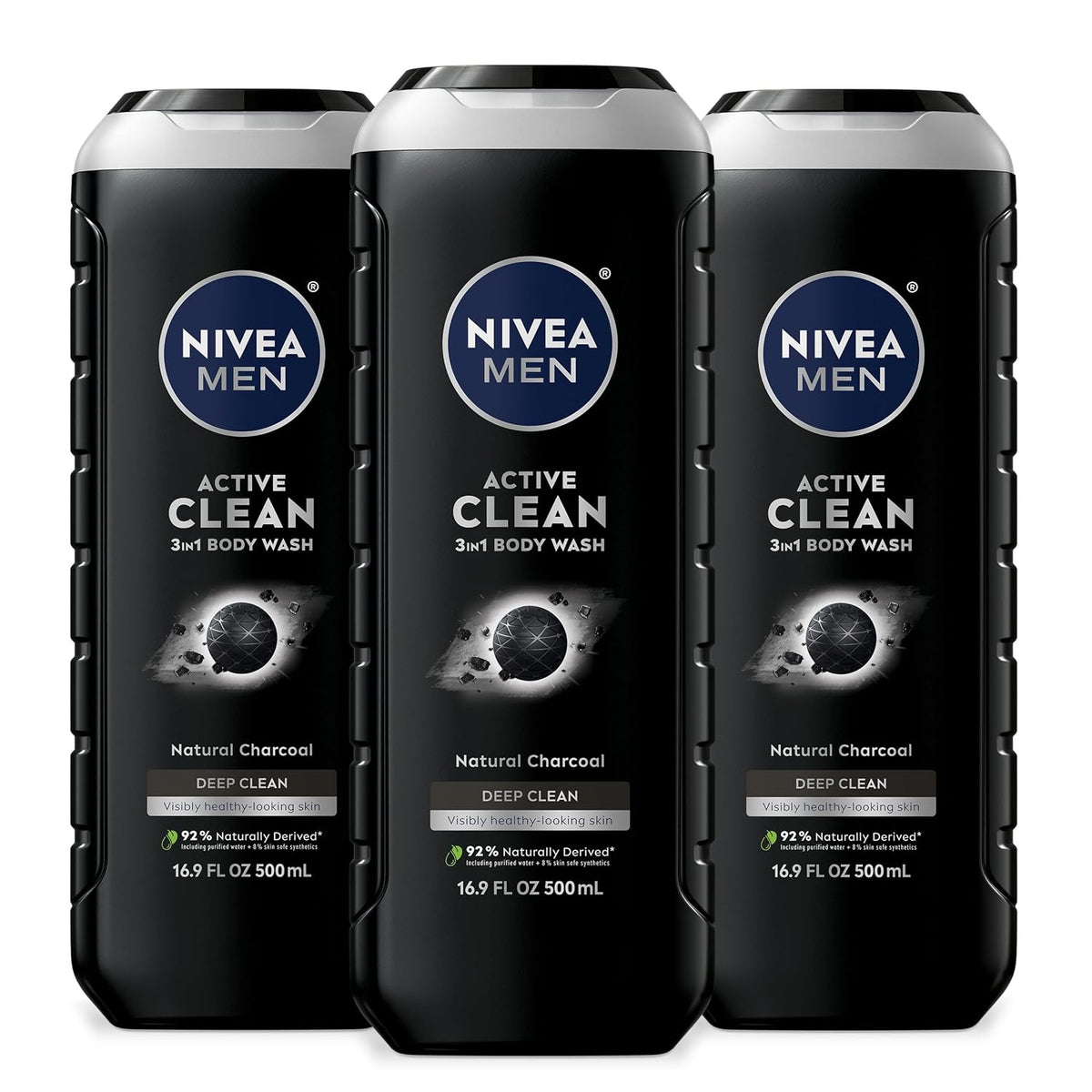 NIVEA MEN Active Clean 3-in-1 Body Wash, Mulitpack, 3 x 16.9 FL OZ