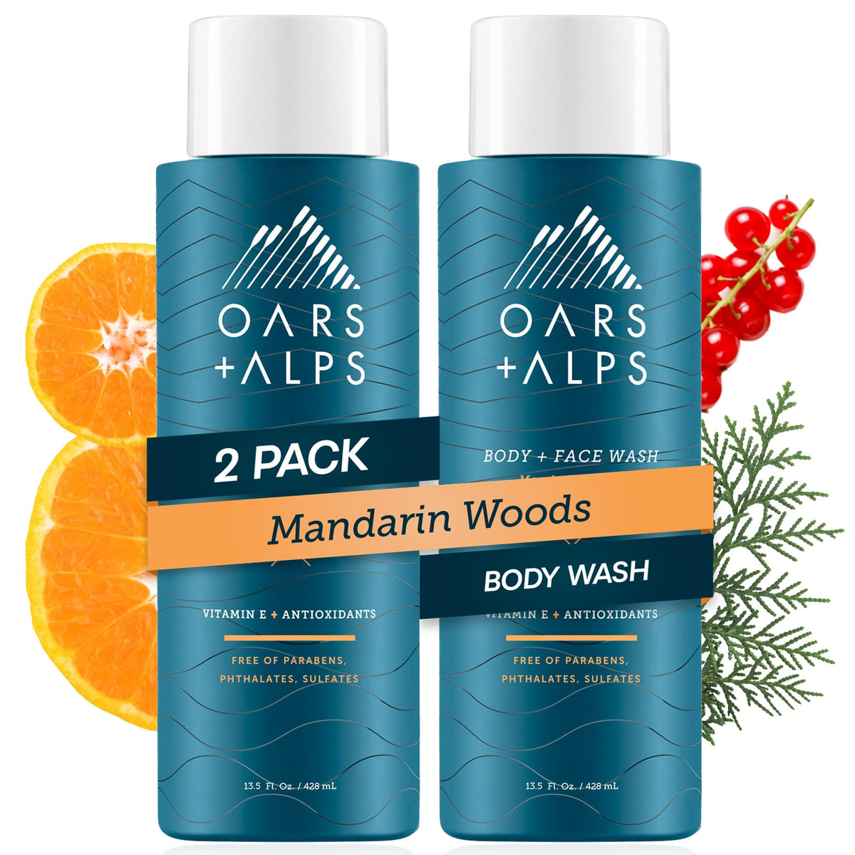 Oars + Alps Mens Body & Face Wash, Moisturizing Body Wash, 2pk, 13.5 Fl Oz