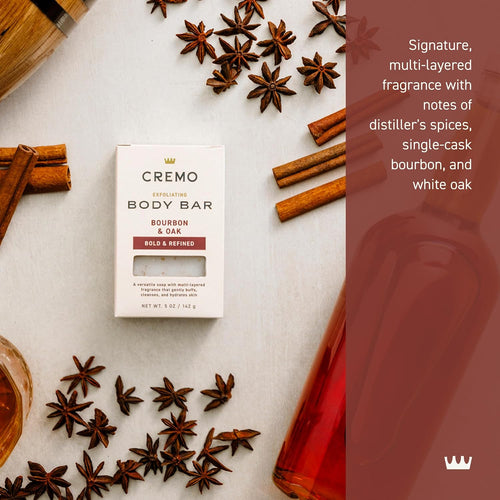 Cremo Exfoliating Body Bar Soap for Men, Bourbon & Oak Scent, 5 oz