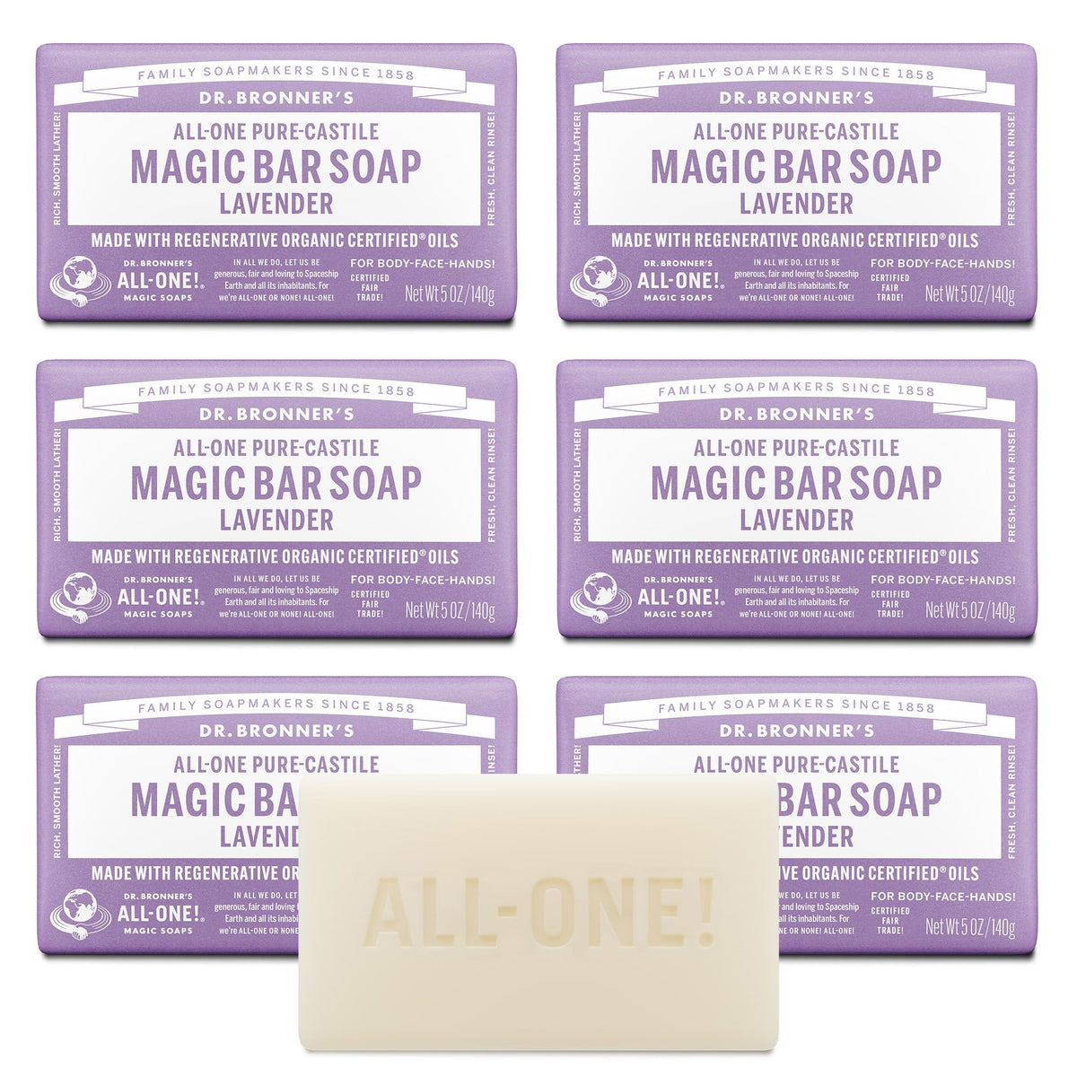 Dr. Bronner's Pure-Castile Bar Soap for Men & Women, Lavender, 5 oz, 2-Pack