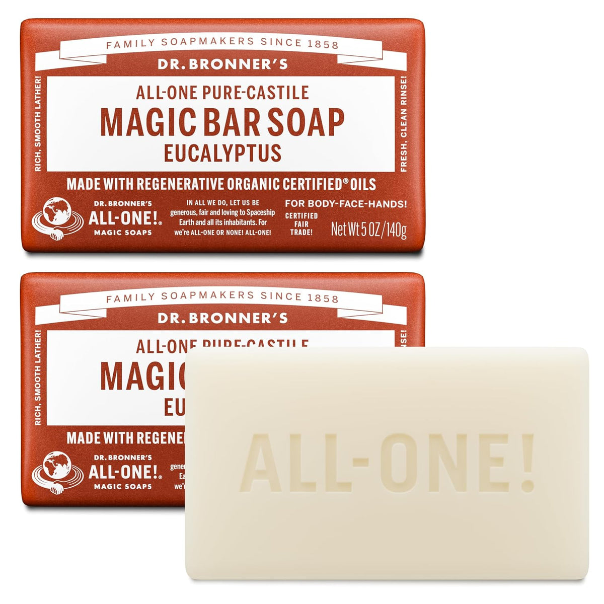 Dr. Bronner's Castile Bar Soap for Men & Women, Eucalyptus, 5 oz, 2-Pack