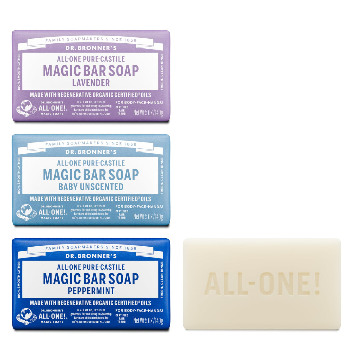 Dr. Bronner's Pure-Castile Magic Bar Soaps (5 Ounce Variety Gift Pack) Almond, Unscented, Lavender, Peppermint, Citrus, Rose - Made with Natural & Organic Certified Oils, Vegan, Non-GMO