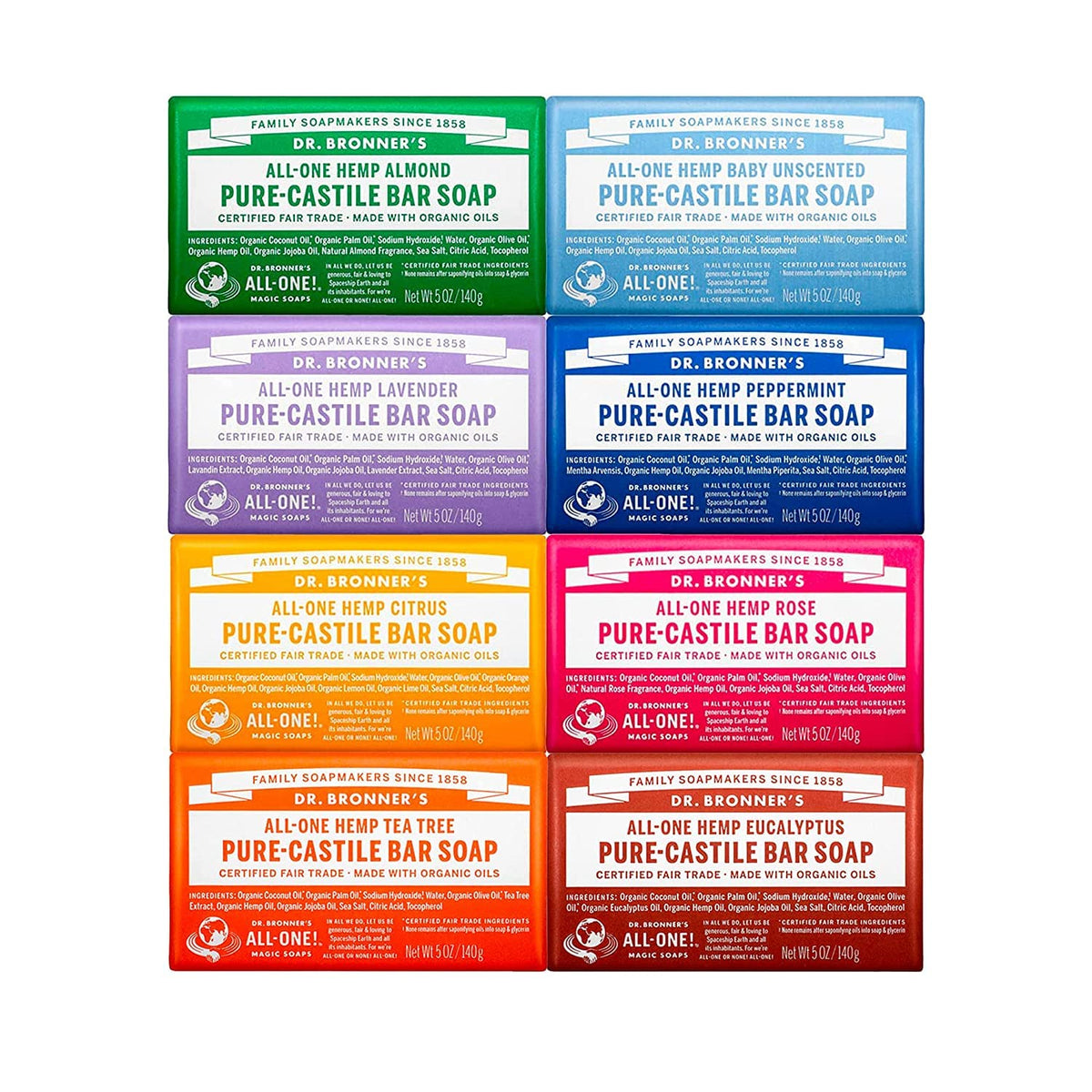 Dr. Bronner's Pure-Castile Magic Bar Soaps (5 Ounce Variety Gift Pack) Almond, Unscented, Lavender, Peppermint, Citrus, Rose - Made with Natural & Organic Certified Oils, Vegan, Non-GMO