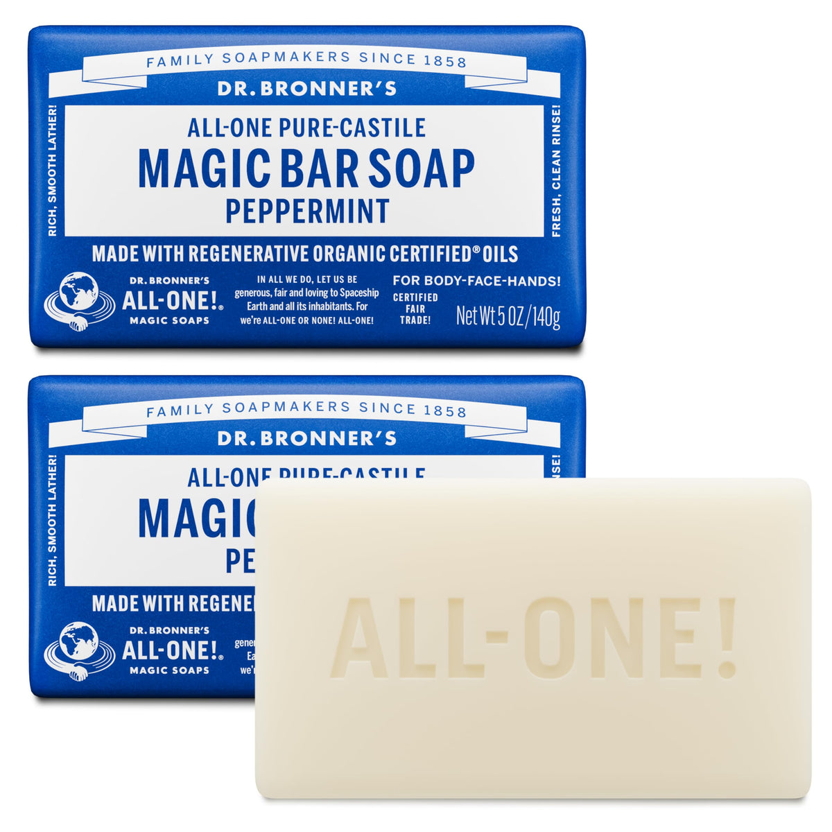 Dr. Bronner's Castile Bar Soap for Men & Women, Peppermint, 5 oz, 6-Pack