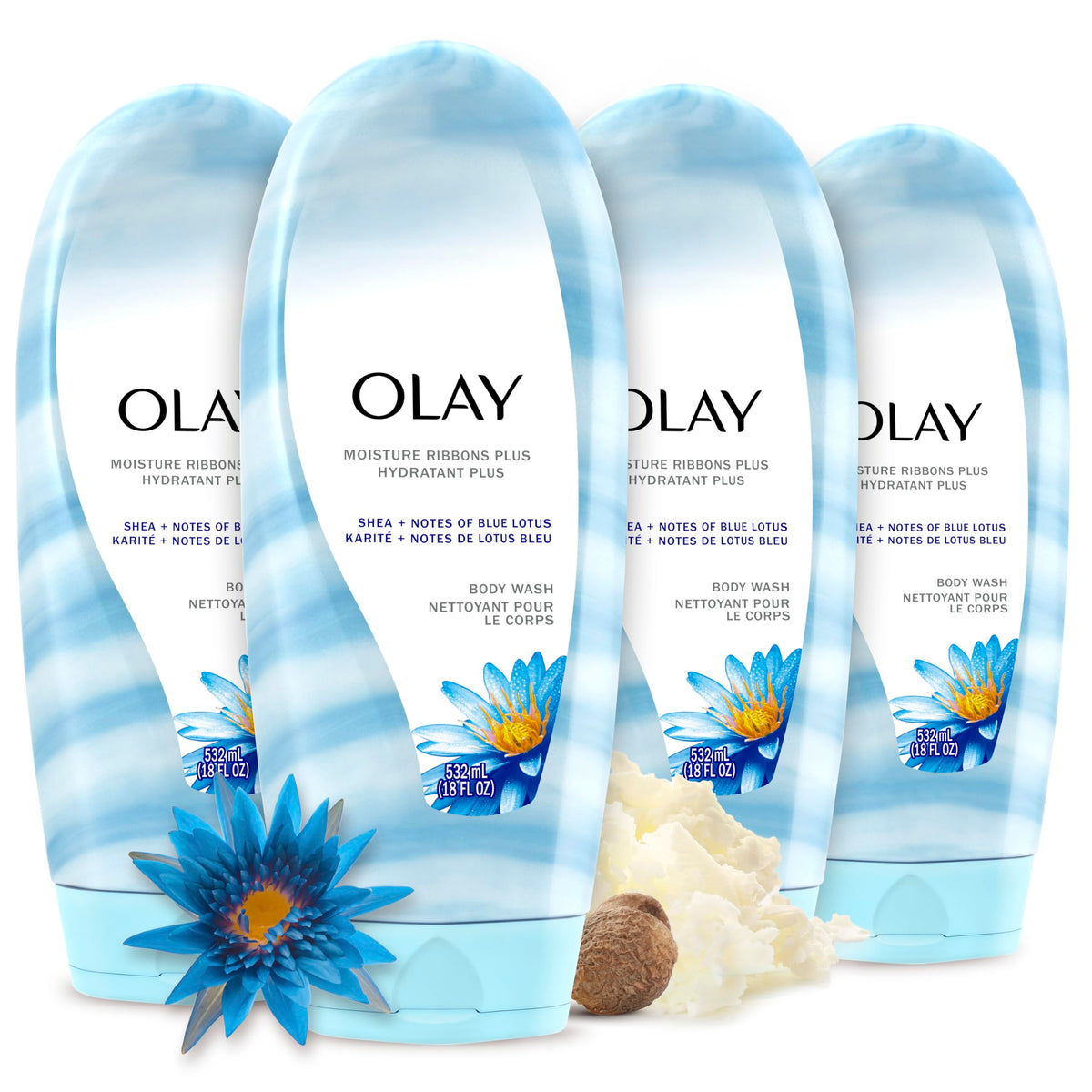 Olay Body Wash for Women, Moisture Ribbons Plus, Deep Conditioning & Moisturizing Formula, Long Lasting Smooth Soft Skin, For All Skin Types, Shea Butter & Peony Blossom Scent, 18 fl oz (Pack of 4)