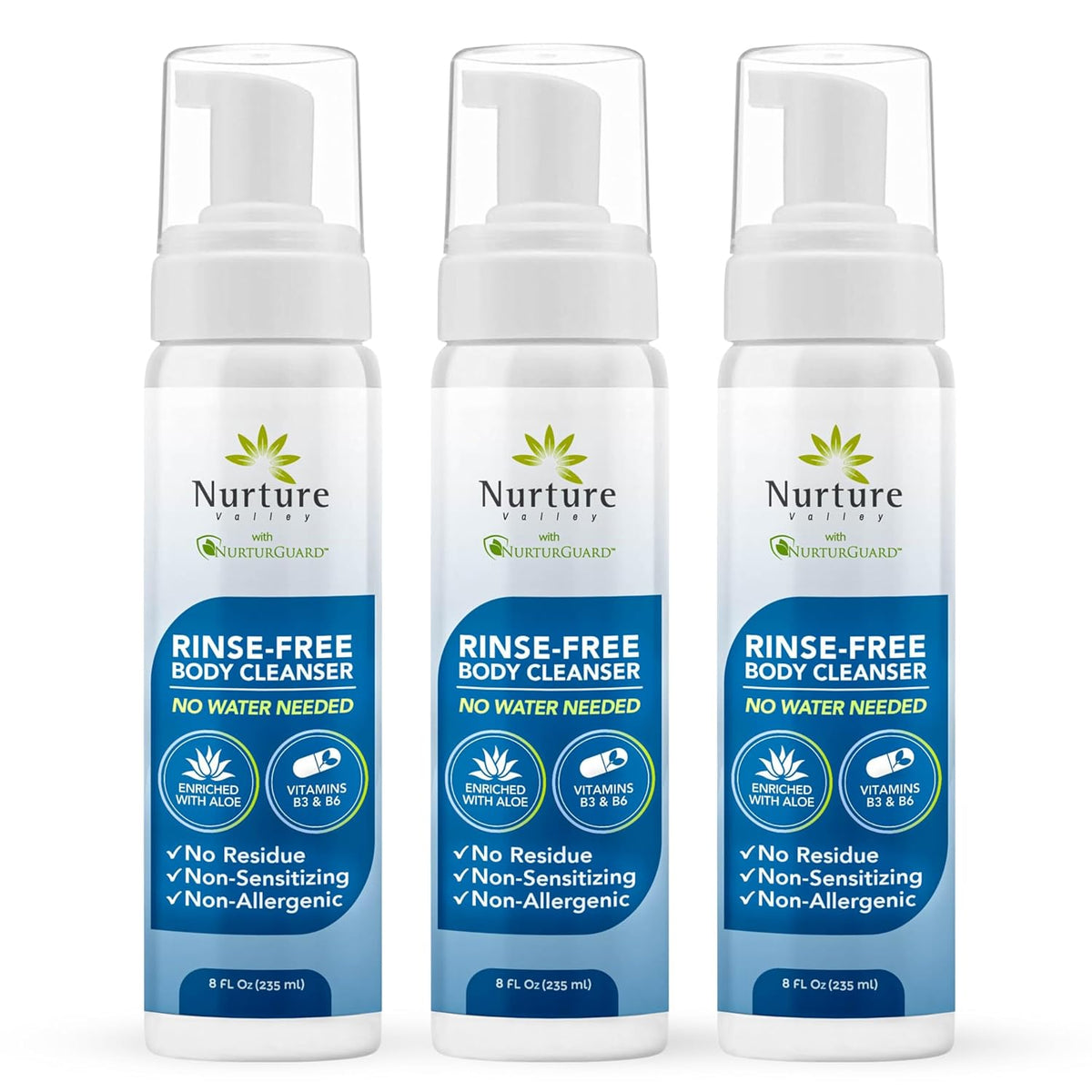 Nurture Rinse Free Waterless Foaming Cleanser Body Wash w/Aloe 8oz 3 Pack