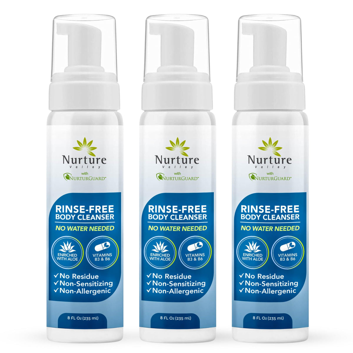 Nurture Rinse Free Waterless Foaming Cleanser Body Wash w/Aloe 8oz 3 Pack