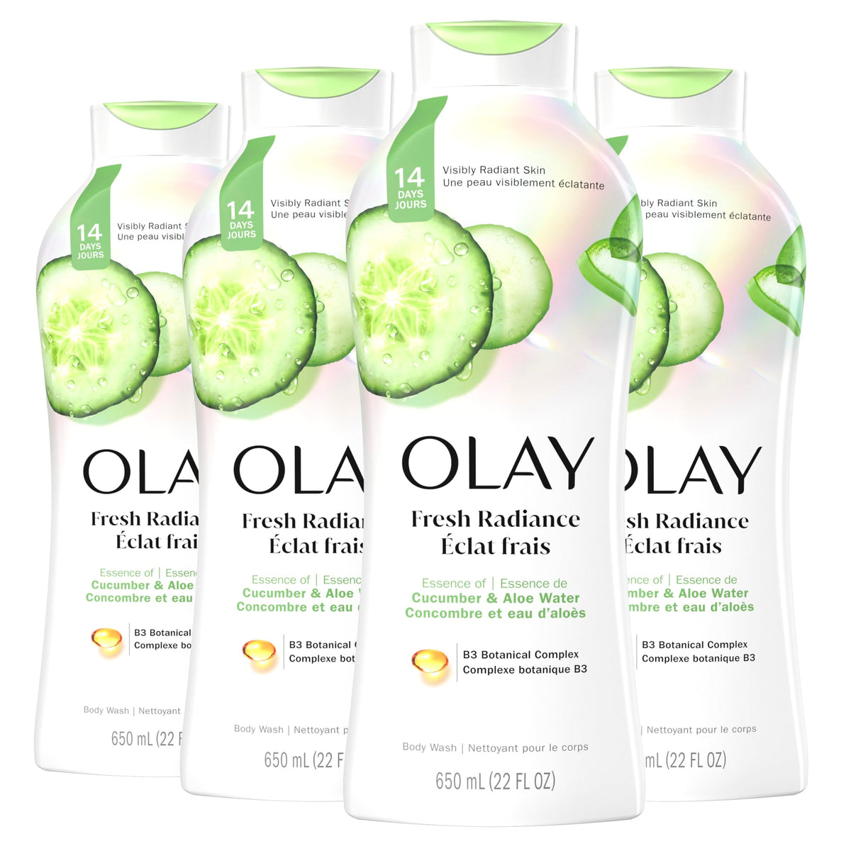 Olay Body Wash for Women, Fresh Radiance, Refreshing & Renewing, Made with Plant Based Cleansers, B3 Botanical Complex, For All Skin Types, Birch Water & Lavender Scent, 33 fl oz (Pack of 4)