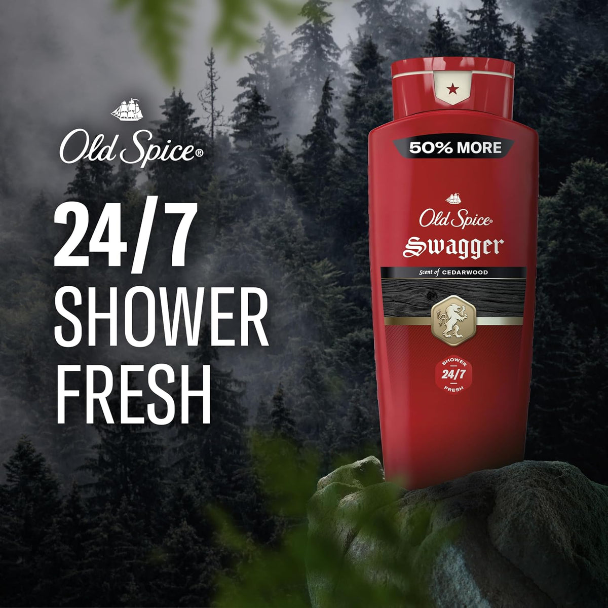 Old Spice Refreshing Body Wash for Men, 3X Defense, 24/7 Shower Fresh with Long Lasting Scent, Red Collection, Swagger with Cedarwood Scent, 24 oz (Pack of 2)