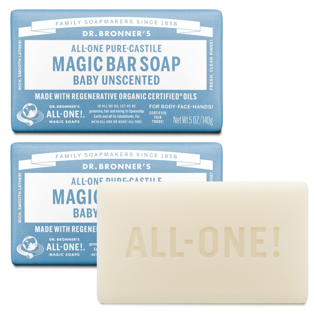 Dr. Bronner's Pure-Castile Bar Soap, Baby Unscented, 5 oz, 2-Pack
