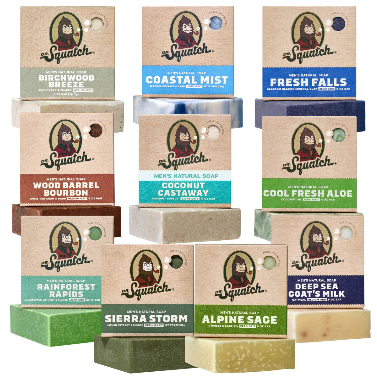 Dr. Squatch Natural Men’s Bar Soap - Cold Process Body Soap Bar with Natural Oils - Gifts for Men - Coconut Castaway, Fresh Falls, Wood Barrel Bourbon, Birchwood Breeze & more (5 oz, 10-Pack)