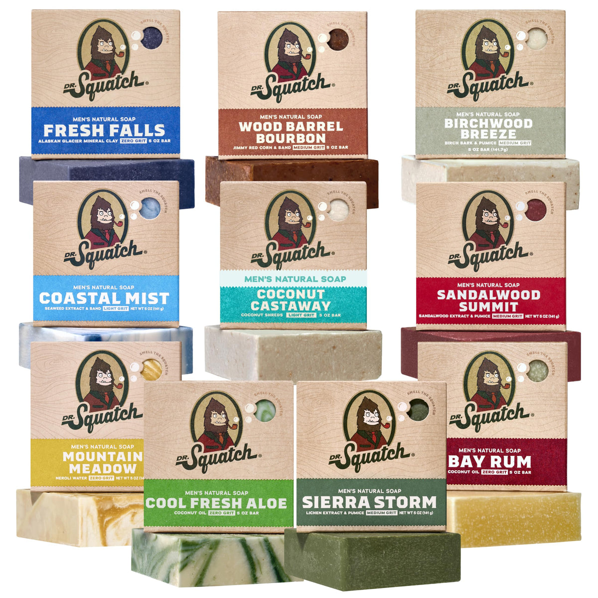 Dr. Squatch Natural Men’s Bar Soap - Cold Process Body Soap Bar with Natural Oils - Gifts for Men - Coconut Castaway, Fresh Falls, Wood Barrel Bourbon, Birchwood Breeze & more (5 oz, 10-Pack)
